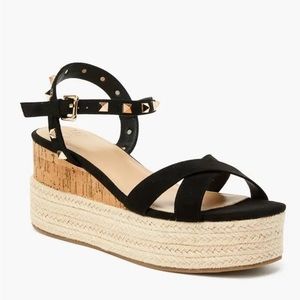 Just Fab Alfina Black Caviar Wedge Sandal Woman Sz 9 Faux Suede/Raffia/Straw NWT